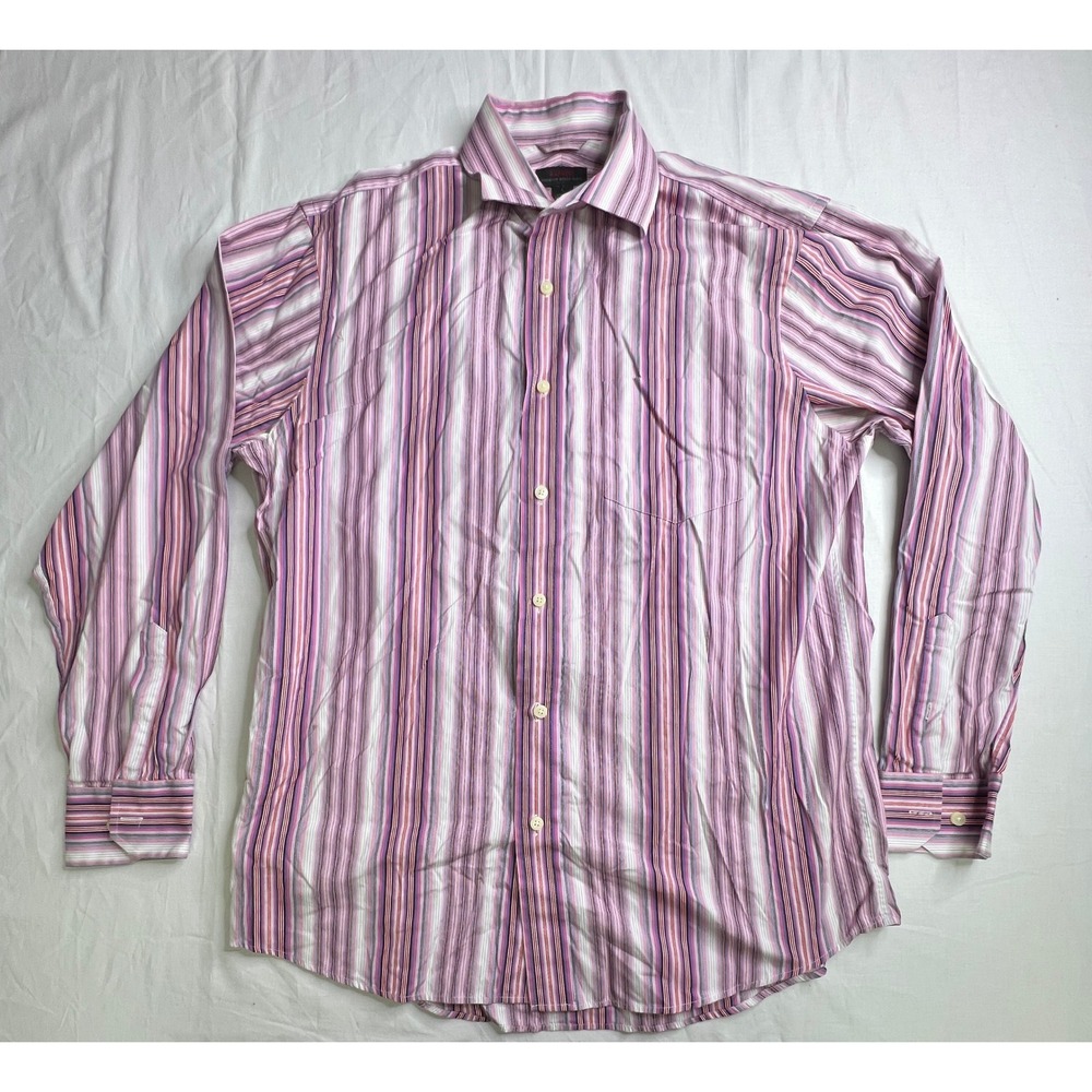 Express Premium Woven Cloth Pink Purple Striped‎ Long Sleeve Dress Shirt Large